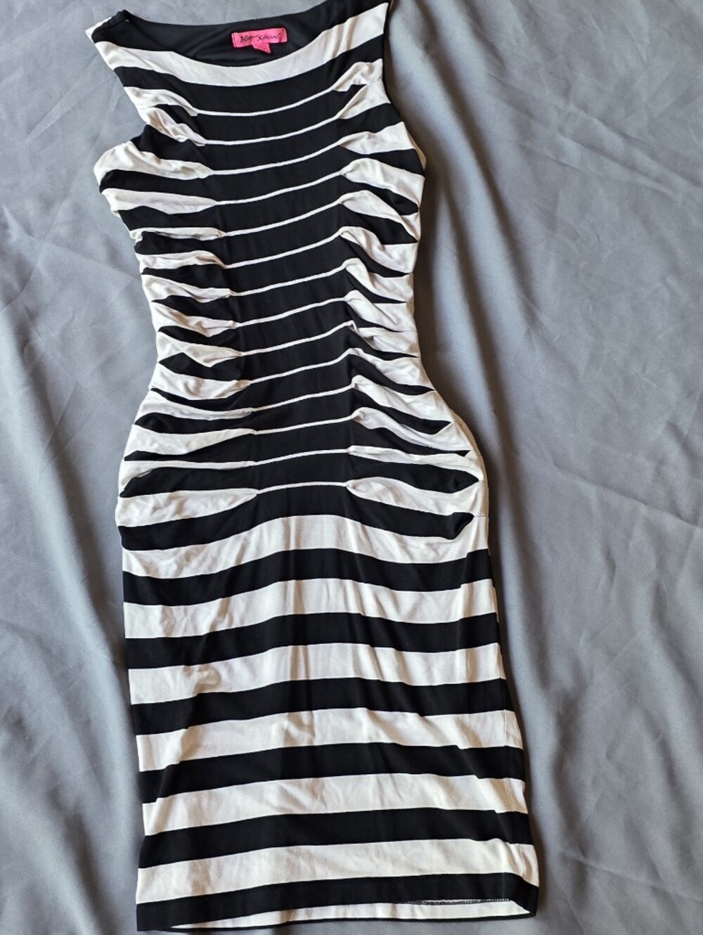 Betsey Johnson Black and White Striped Mini Dress Ruched All Over